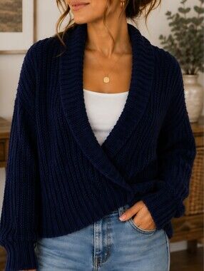 Kimchi Blue Navy Chunky Knit Shawl Collar Open Front Cardigan Sweater M Cozy